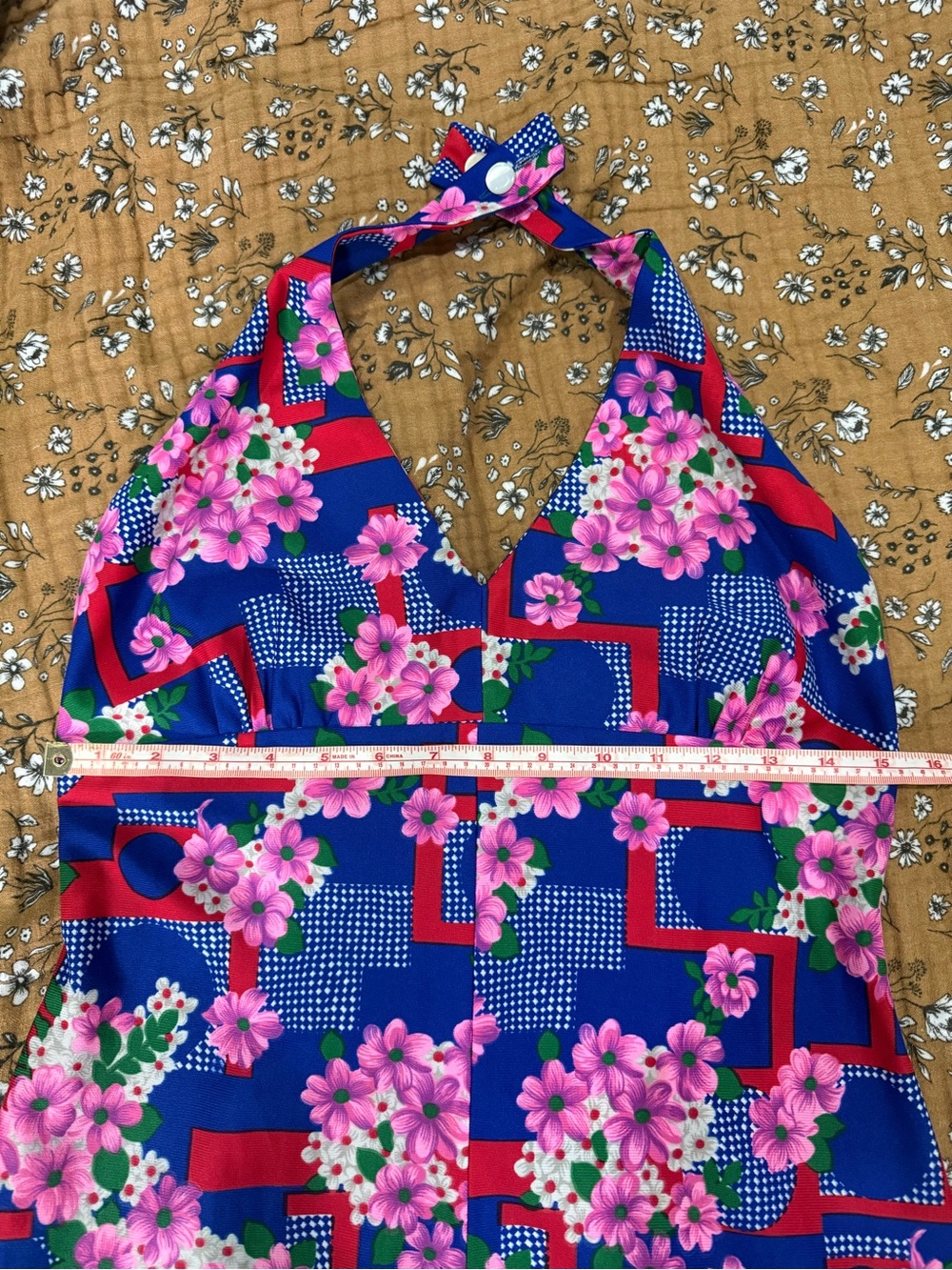 Vintage Floral Halter Maxi Dress - Bold Blue Pink Floral Geometric Print S/M fit - Picture 8 of 11